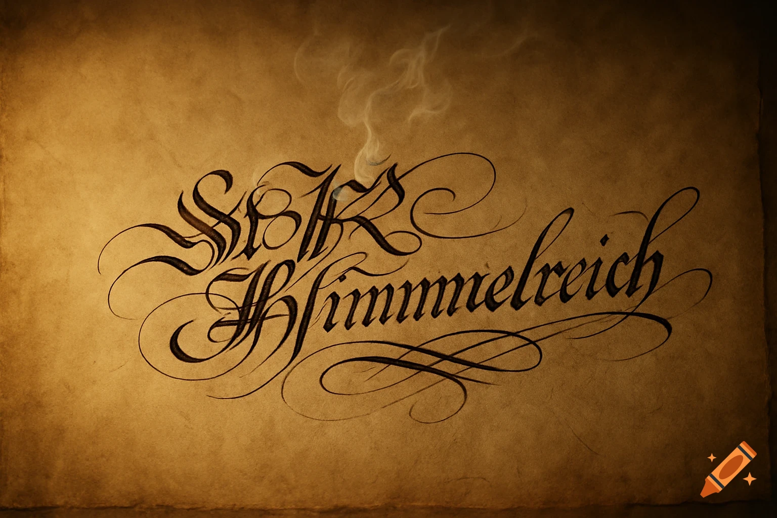 Elegant black calligraphic text 'StR Himmelreich' on aged brown paper, with subtle smoke.