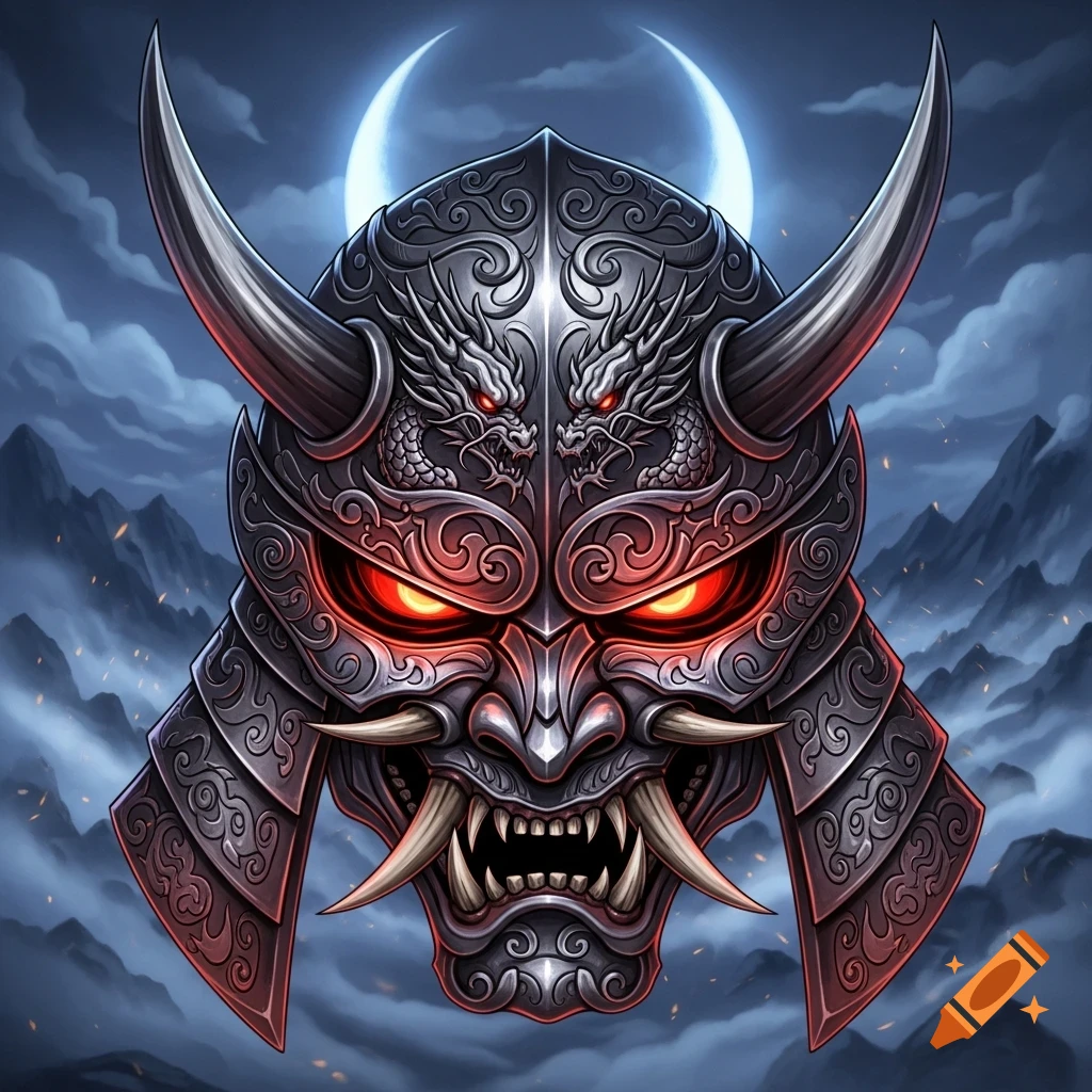 Ornate anime-style oni mask with horns, glowing red eyes, fangs, and dragon details, under a crescent moon and cloudy mountains.