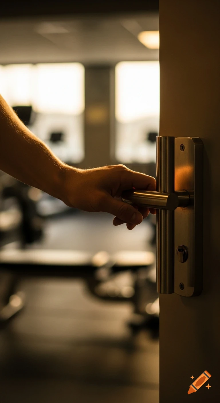 A person's hand reaches for a metallic door handle, with a blurred gym interior visible in the background under warm, cinematic lighting.