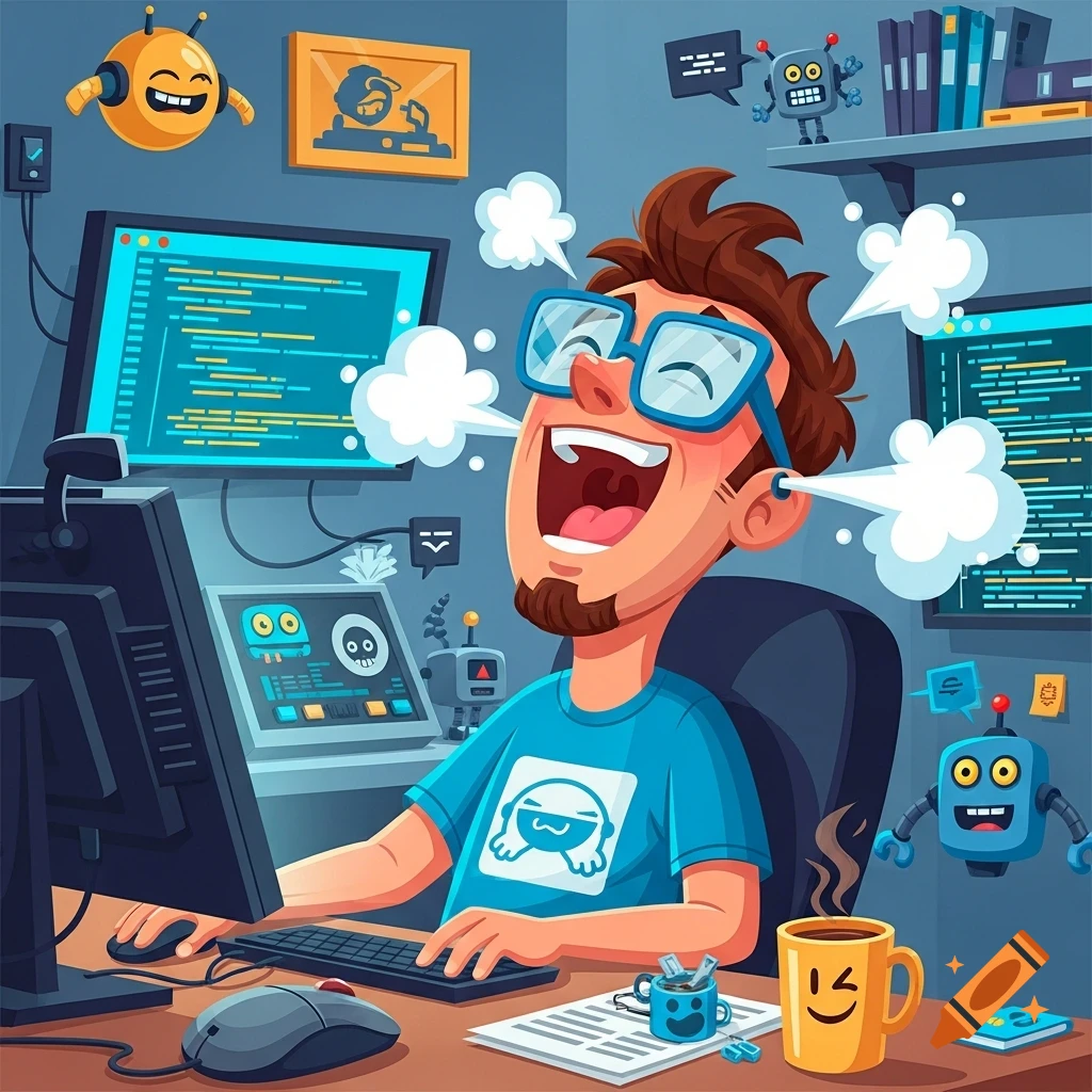 A cartoon programmer laughs hysterically at a desk surrounded by computer screens with code and friendly robots, with steam coming out of his ears.