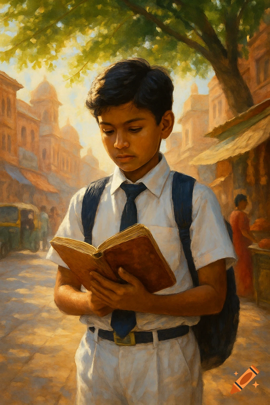 Oil painting of an Indian schoolboy in uniform, deeply engrossed in reading a book on a sunlit, busy street.