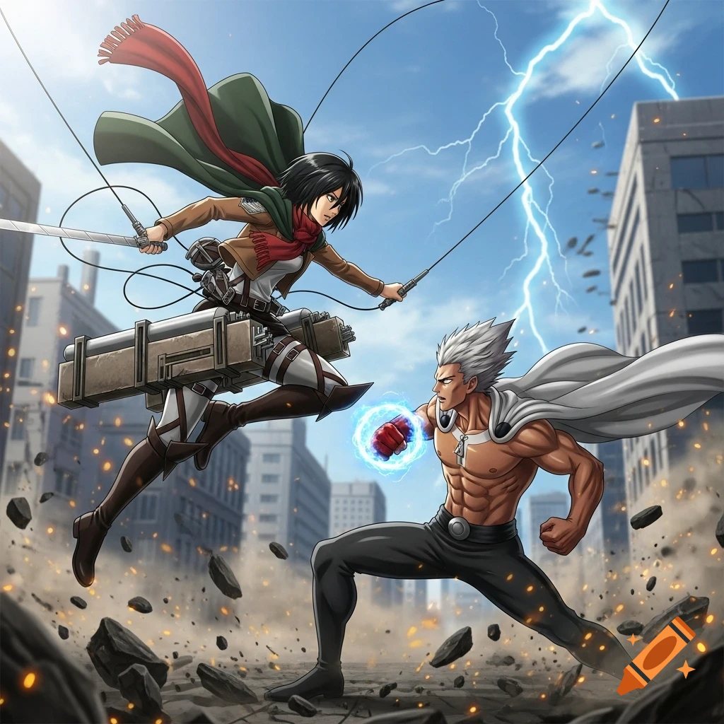 Mikasa Ackerman from Attack on Titan fighting Garou from One Punch Man in a ruined city with lightning, anime style.
