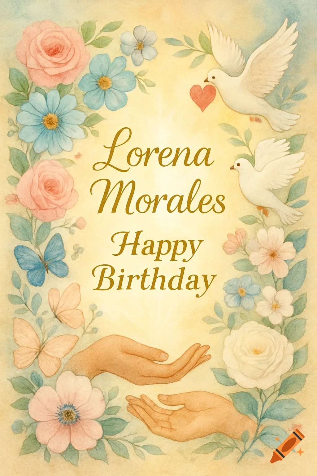 A watercolor birthday card with a floral border, butterflies, doves, hands, and the text 'Lorena Morales Happy Birthday'.
