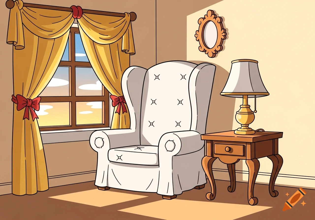 A cozy Disney animation style living room with a white armchair, a lamp on a side table, and a window with yellow curtains showing a sunset.