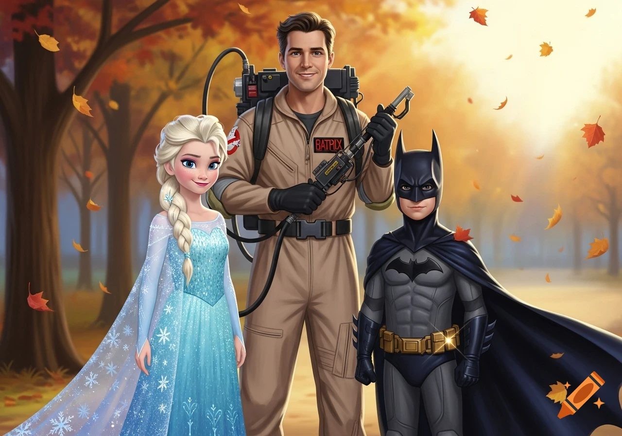 A girl dressed as Elsa, a man as a Ghostbuster, and a boy as Batman stand in an autumnal park with falling leaves, in a vibrant cartoon style.