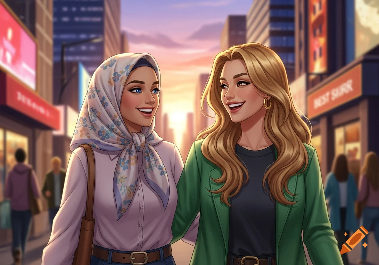 Two smiling women, one in a floral hijab and the other with long blonde hair, walk arm-in-arm in a vibrant illustrated city at sunset.