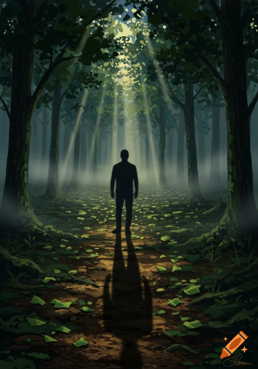 A silhouetted man stands on a path in a foggy, sunlit forest, casting a long shadow.