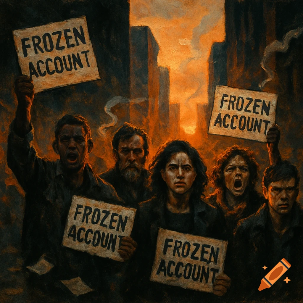 Group of angry protesters holding 'FROZEN ACCOUNT' signs in a dark, brushy painting with an orange, dramatic sky.