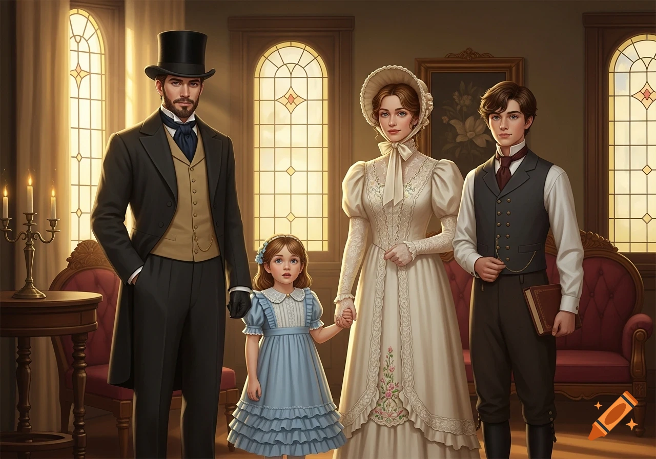 A Victorian family of four, including a father, mother, teenage son, and young daughter, standing in a richly decorated room with arched windows.