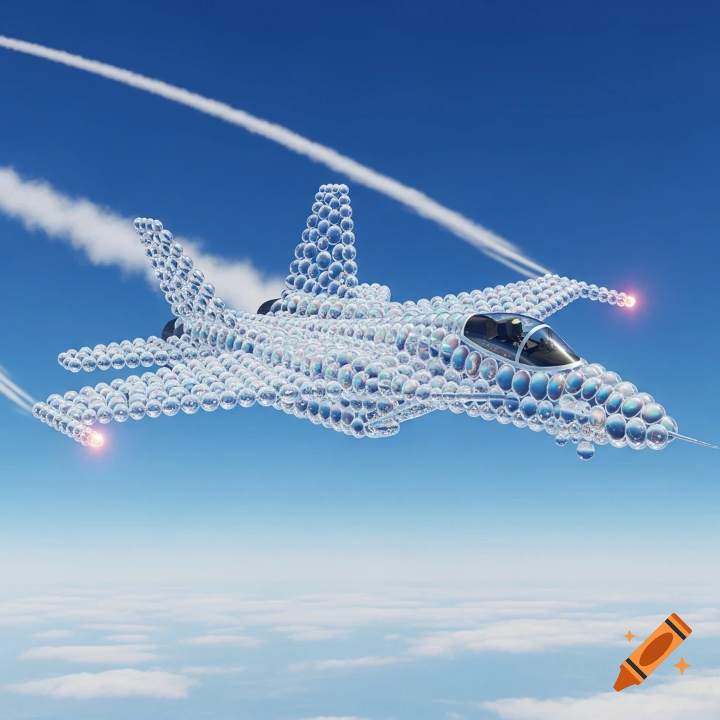 A fighter jet made entirely of iridescent bubbles flies through a clear blue sky with white contrails.