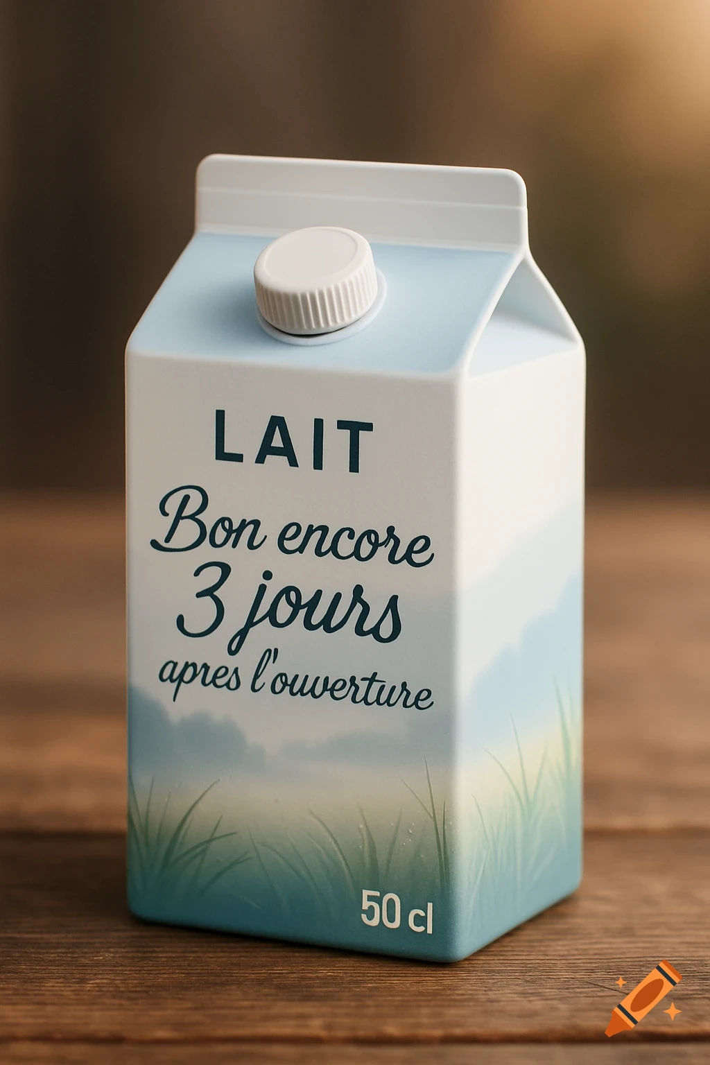 A white and light blue milk carton with a screw cap sits on a wooden surface. It reads 'LAIT Bon encore 3 jours apres l'ouverture' and '50 cl'.