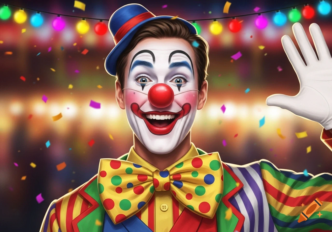 A smiling clown with a red nose, white face paint, colorful outfit, and a blue top hat waves amidst falling confetti and string lights.