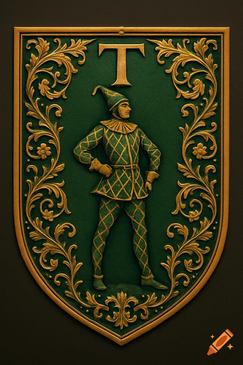 A green and gold heraldic shield features an embossed jester figure, ornate floral designs, and a capital 'T' at the top.