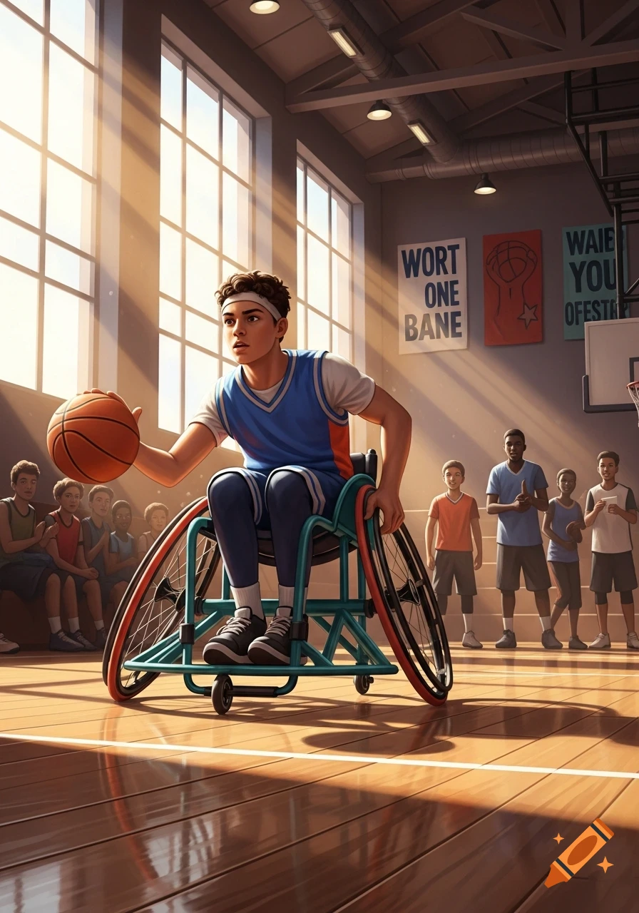 An illustrated young man in a wheelchair dribbles a basketball on a sunlit indoor court, with spectators in the background.