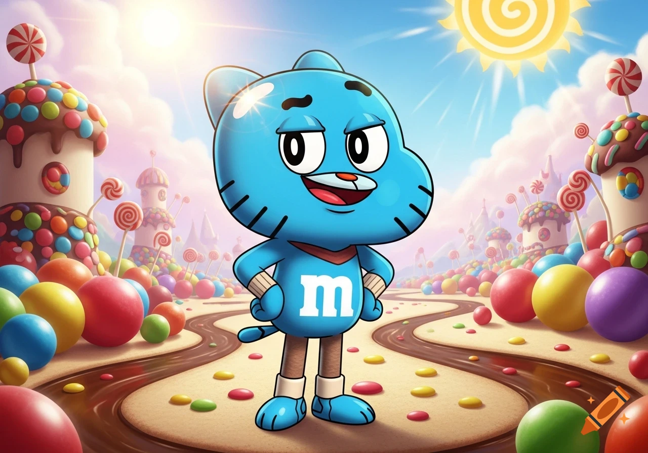 Cartoon character Gumball Watterson, depicted as an M&M with an 'm' logo, smiles in a vibrant candy land of sweets.