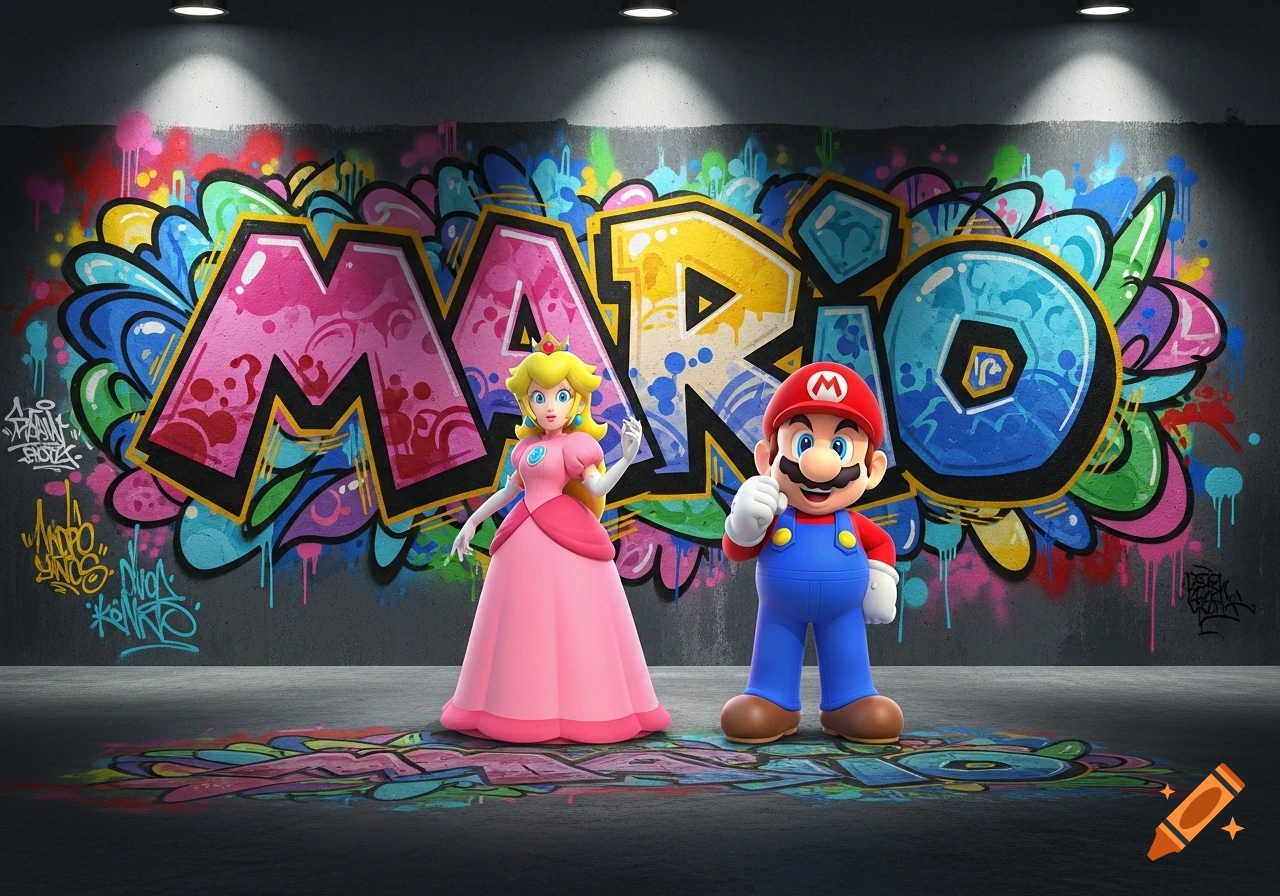 Mario gives a thumbs up next to Princess Peach in a dark room with a vibrant graffiti wall spelling 'MARIO' in a bubble wildstyle.