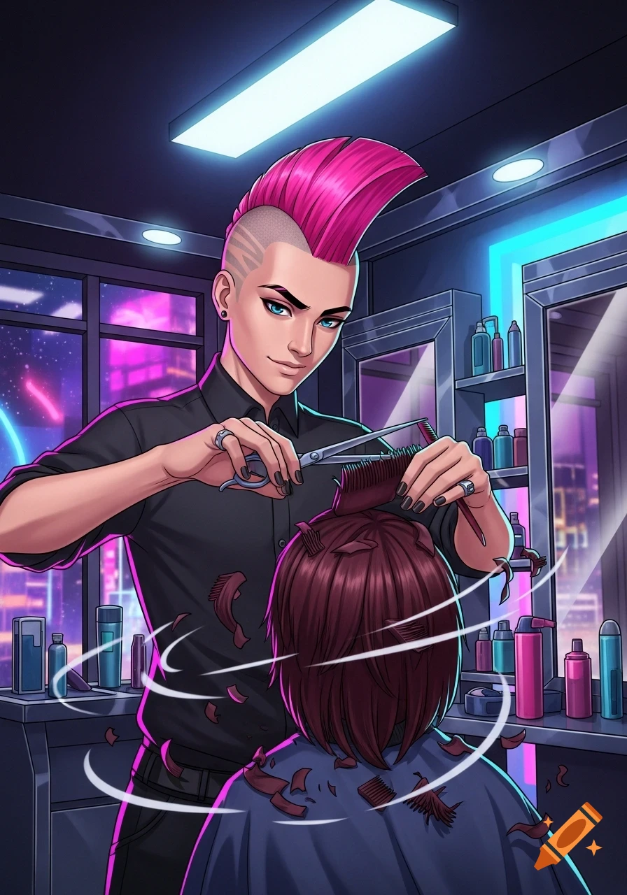 A stylized image of a hairdresser with a pink mohawk cutting a client's hair in a neon-lit salon.