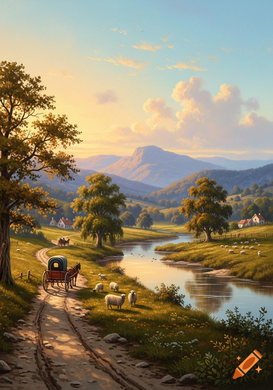 A serene painting of a pastoral landscape at sunset with a horse-drawn wagon on a dirt road, a river, grazing sheep, and mountains in the distance.