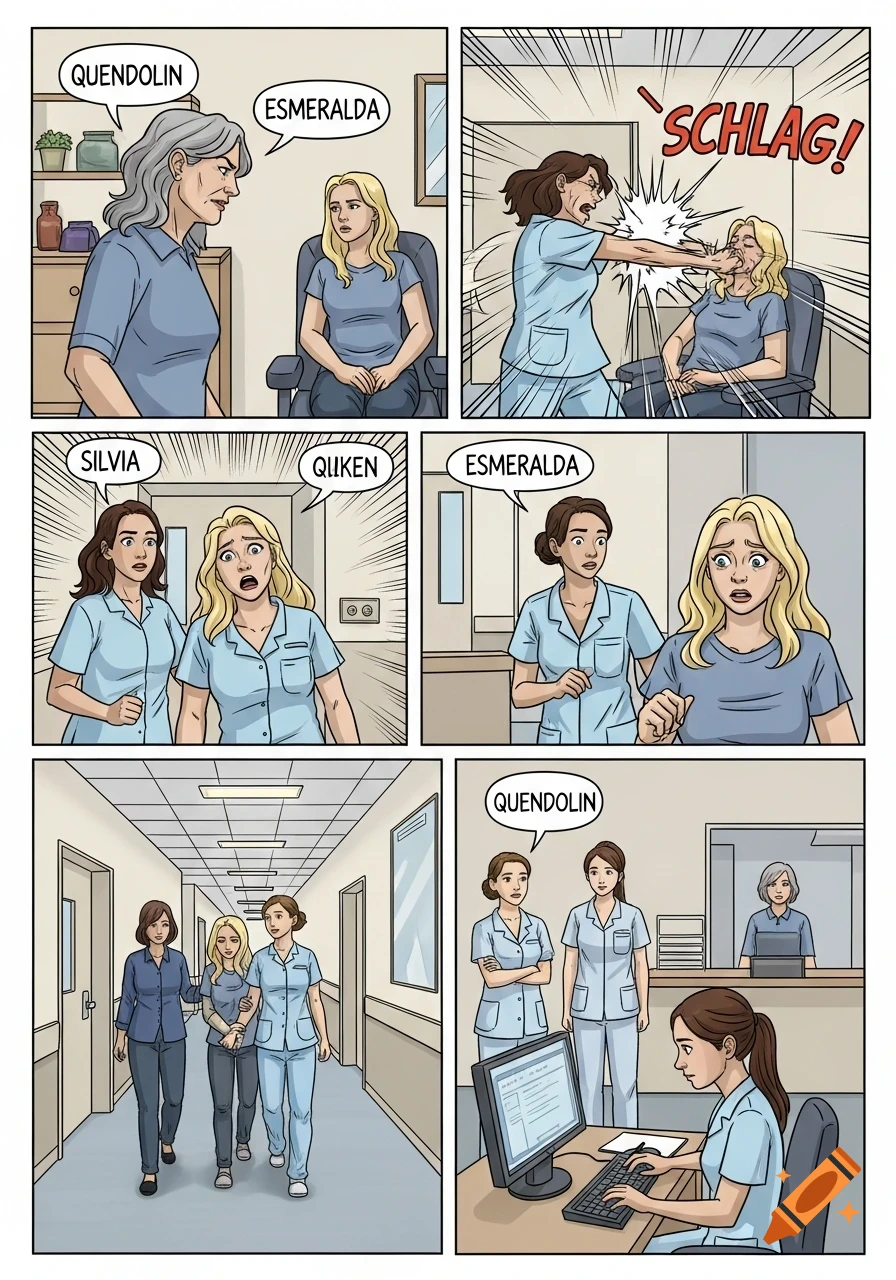 A comic strip showing scenes in a hospital. An older woman argues with a younger woman, a nurse slaps a patient, and then nurses escort a distressed patient through a hallway.