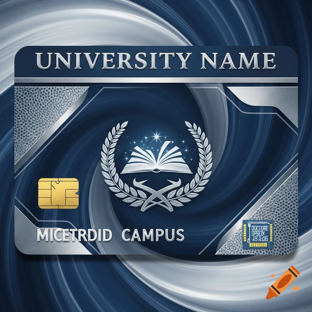 A dark blue and silver university ID card featuring a golden chip and a central emblem of an open book with glowing stars.