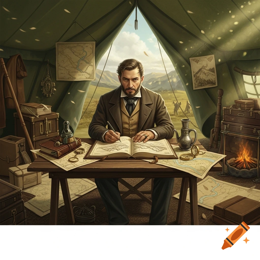 A bearded 19th-century explorer in a tent writes in a journal, surrounded by maps, compasses, and travel gear, with mountains in the background.