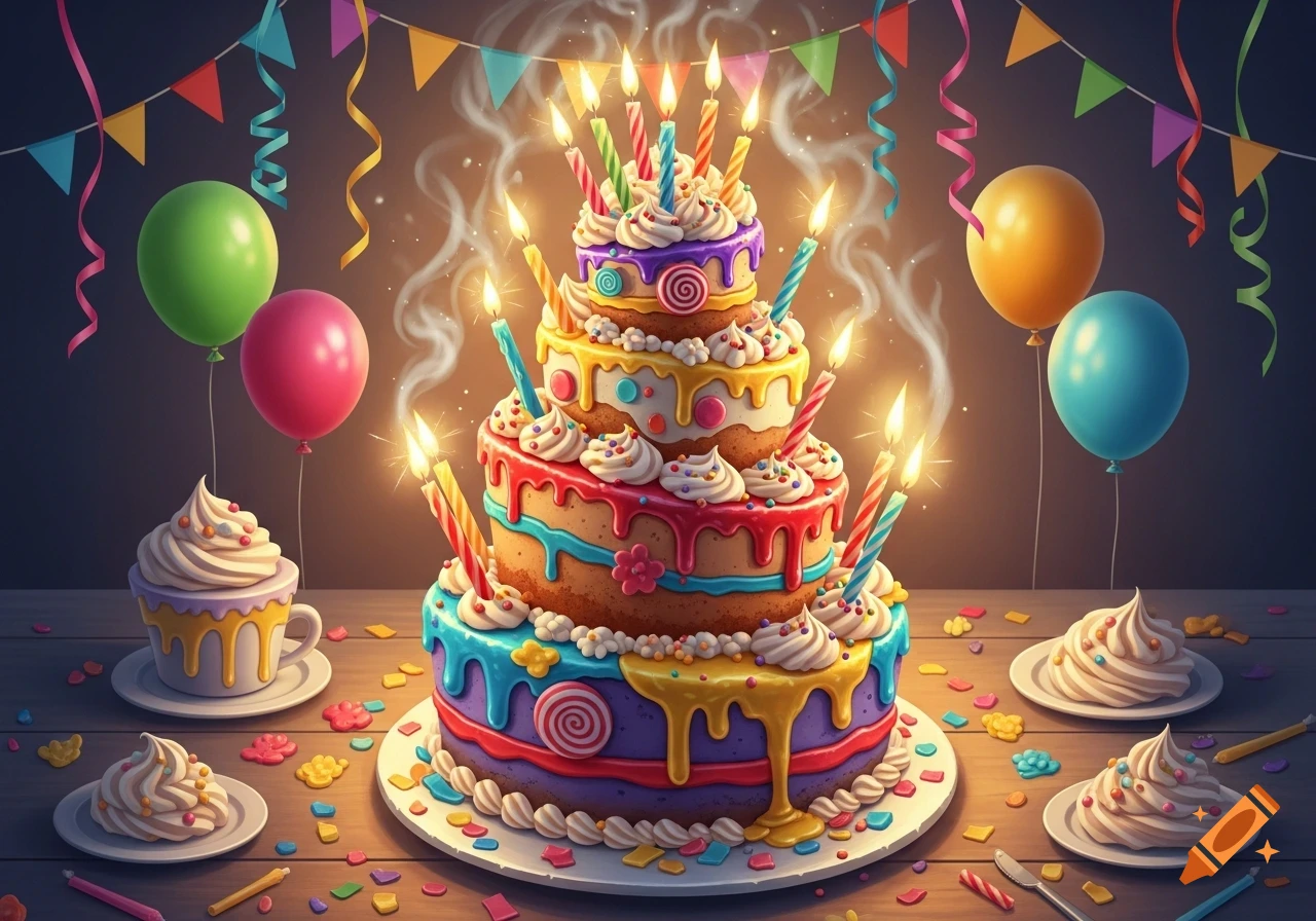 A vibrant, multi-tiered birthday cake with numerous lit candles, surrounded by cupcakes, colorful balloons, and confetti on a wooden table.
