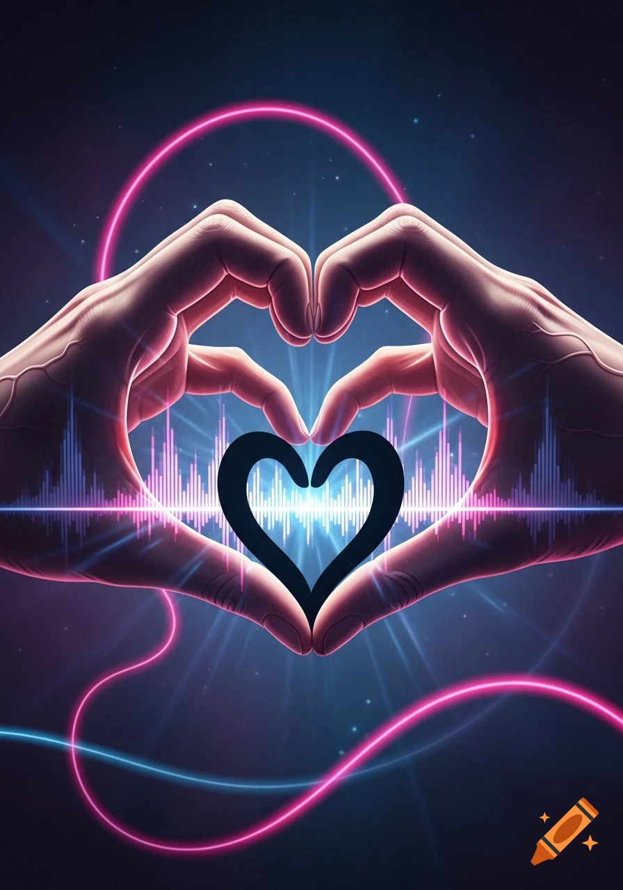 Two hands form a heart shape with glowing neon lines, an equalizer, and a heart icon against a dark background.