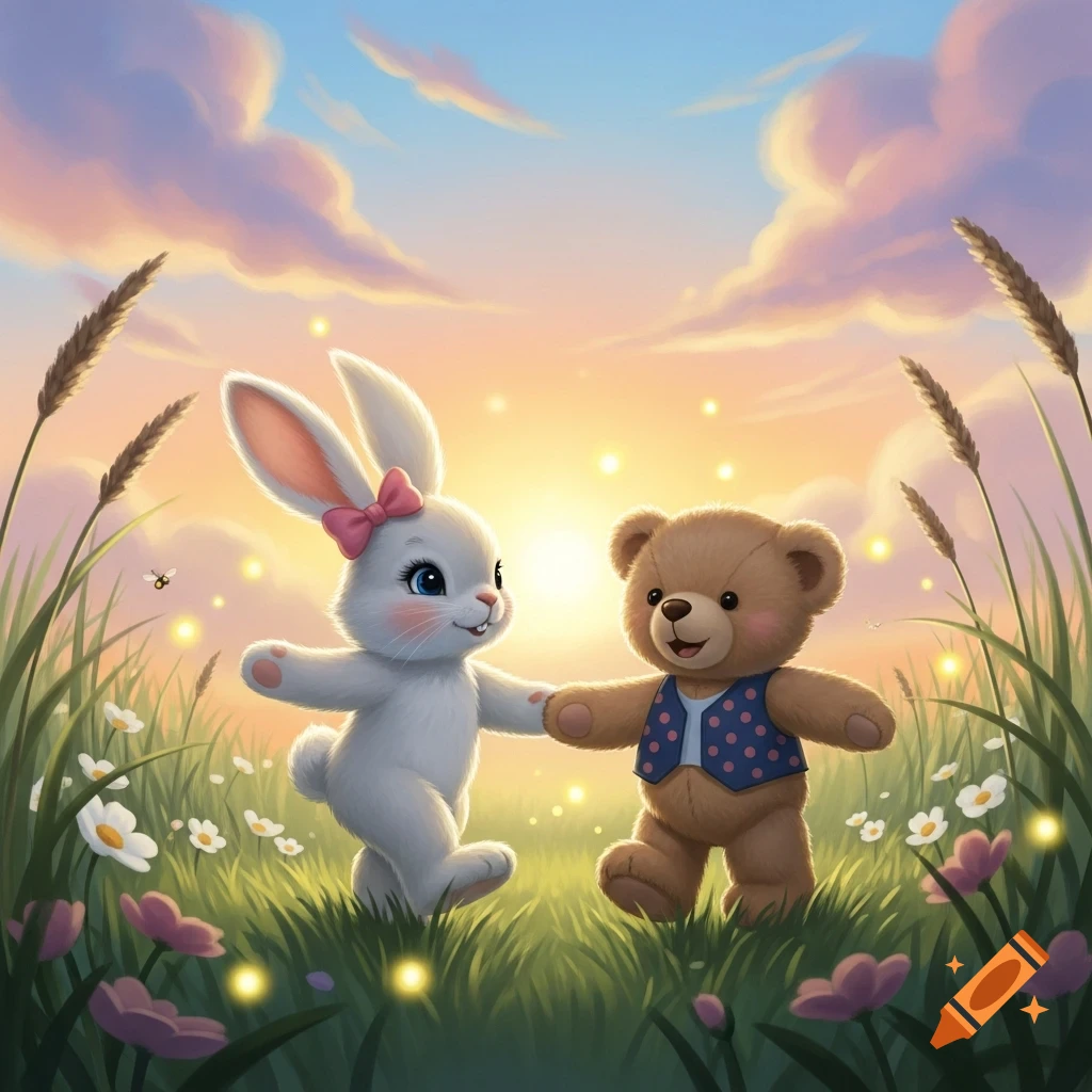 A cute white bunny and a brown teddy bear dance in a field of green grass and flowers at sunset, with glowing fireflies.