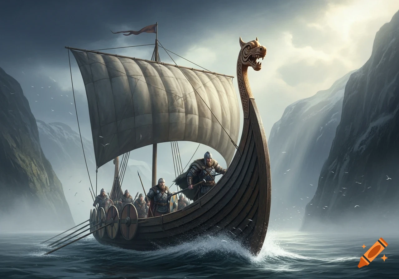 A detailed Viking longship with warriors sailing through a misty fjord, featuring a prominent dragon prow and towering mountains.