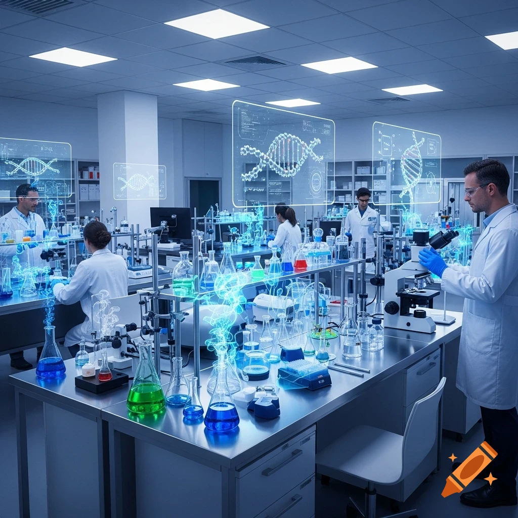 Scientists work in a modern laboratory with various equipment and glowing holographic DNA displays.