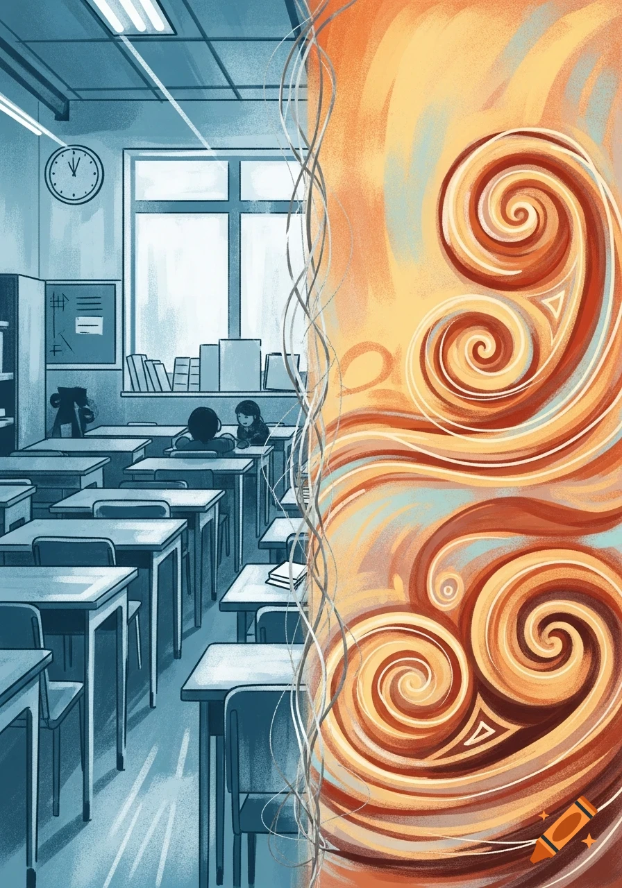 An illustration split vertically. The left side depicts a stylized blue classroom with desks and two students. The right side is abstract art with warm orange and brown swirling patterns.