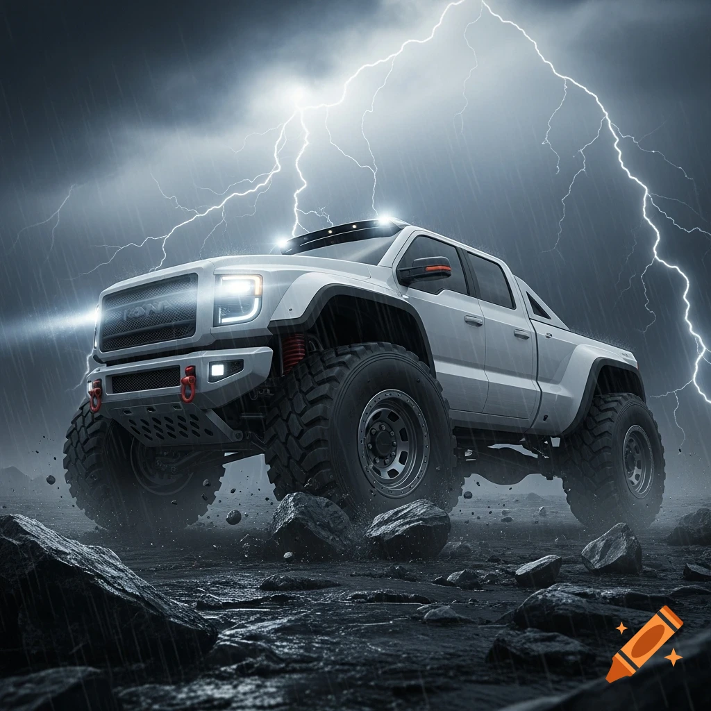 A futuristic white heavy-duty 4x4 truck with bright headlights in a stormy landscape with lightning and rocky ground.