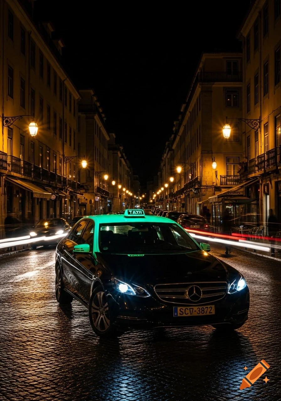 A black Mercedes Benz taxi with a glowing mint green roof on a wet cobblestone street at night in a city.