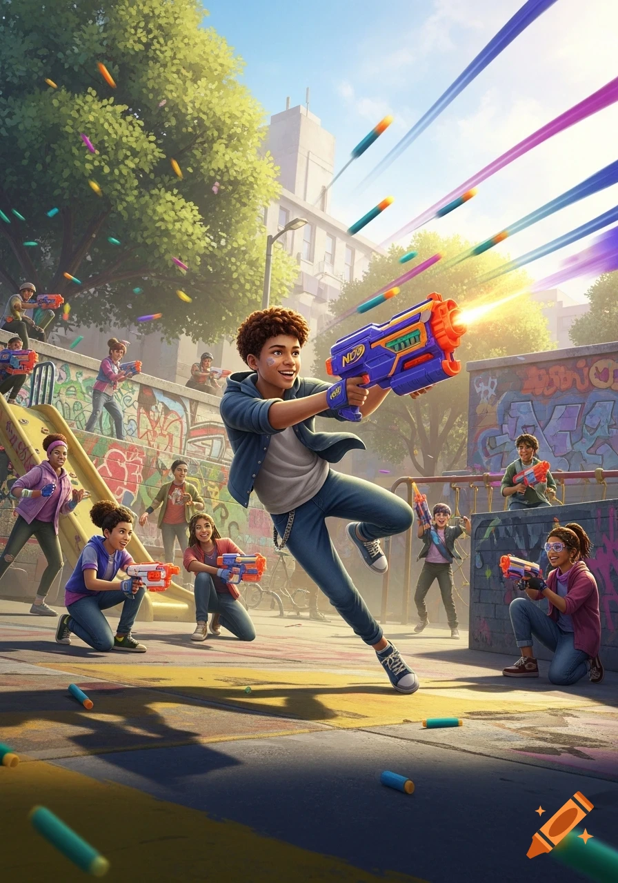 Diverse kids joyfully playing with Nerf blasters in an urban park, vibrant illustration.