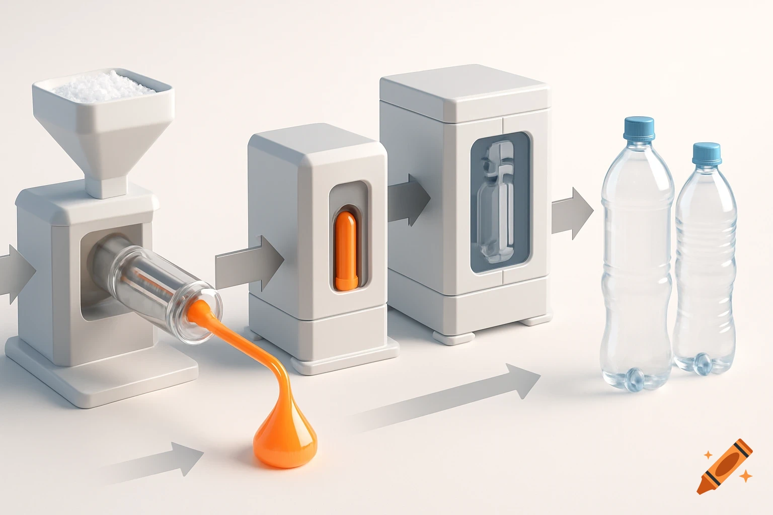 3D infographic illustrating the step-by-step PET bottle manufacturing process from pellets to finished clear bottles.