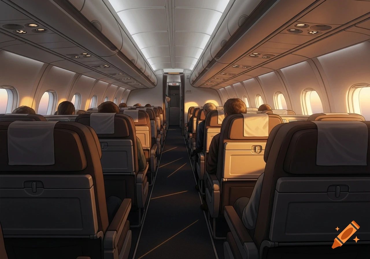 View from the aisle inside a passenger airplane cabin with rows of seats and passengers, illuminated by golden hour light.