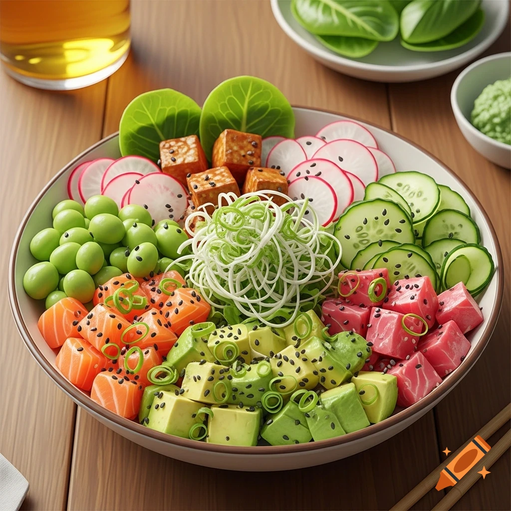 A vibrant poke bowl with salmon, tuna, avocado, edamame, radishes, cucumbers, and tofu on a wooden table.