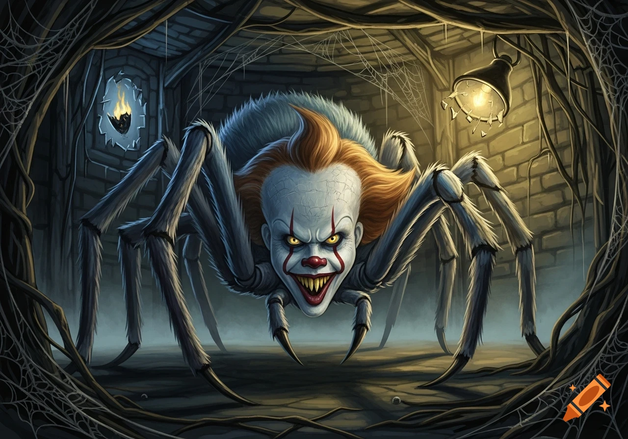 A terrifying Pennywise clown head on a giant spider body in a dark, cobweb-filled dungeon with broken light fixtures.