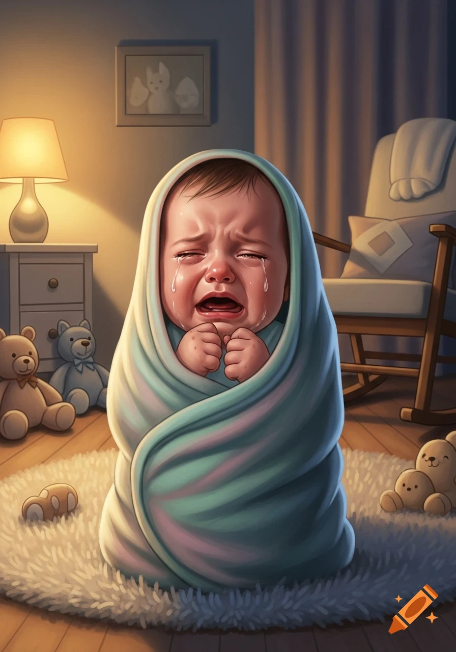 A crying baby wrapped in a swaddle blanket sits on a rug in a cozy nursery, digital art.