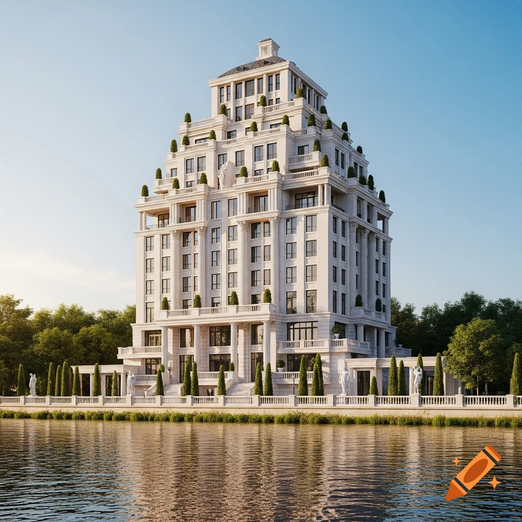 A grand, white neo-classical tower with terraces stands beside a calm river, surrounded by lush green trees under a clear blue sky.