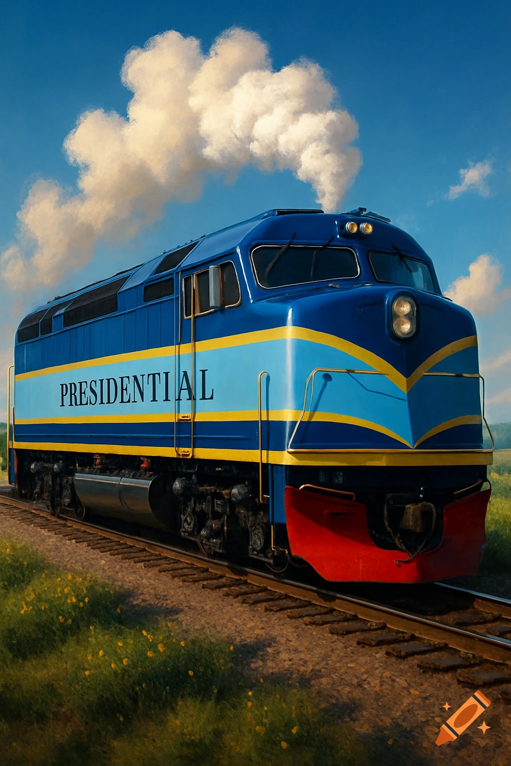 A blue, light blue, and yellow 'PRESIDENTIAL' locomotive with red cowcatchers travels along train tracks in a green field under a blue sky.