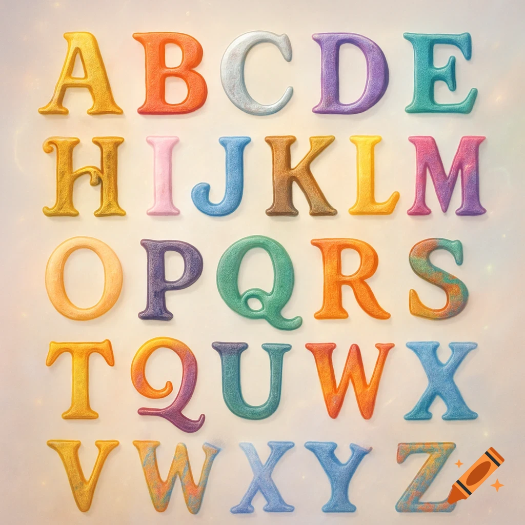 The English alphabet, A-Z, displayed as colorful, textured, individual letters on a light background.