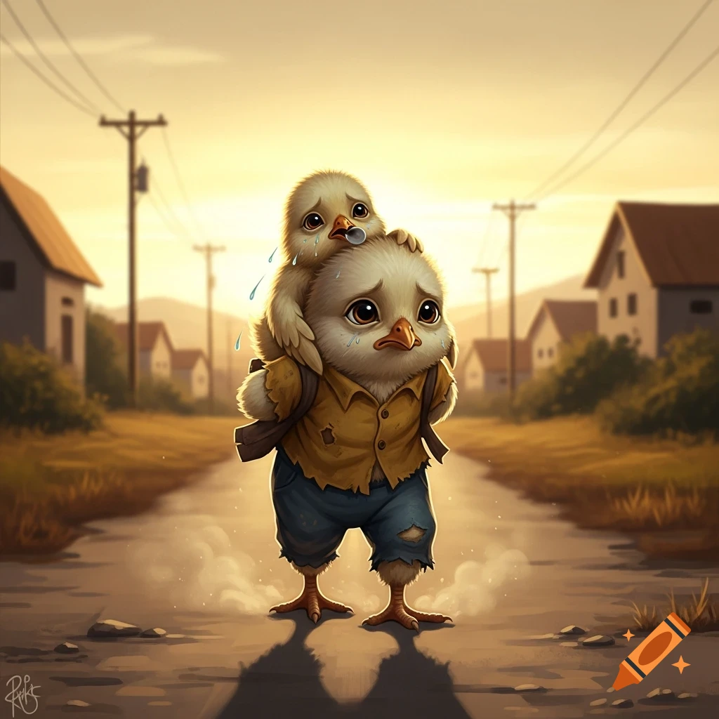 An emotional illustration of a large chick with a torn shirt carrying a smaller, shivering chick down a dusty village road at golden hour.