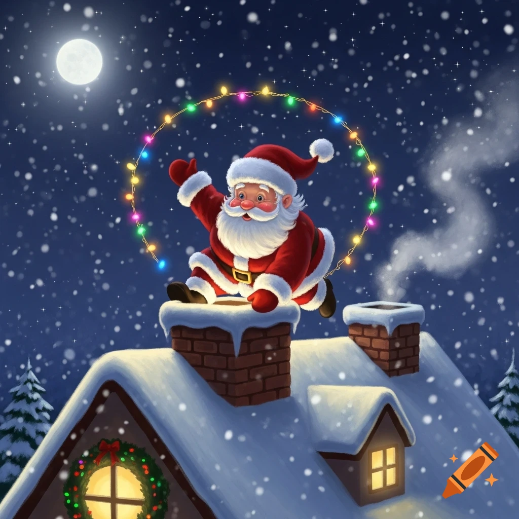 Jolly Santa Claus sits atop a snowy chimney on a house roof at night, holding a string of colorful Christmas lights under a full moon.