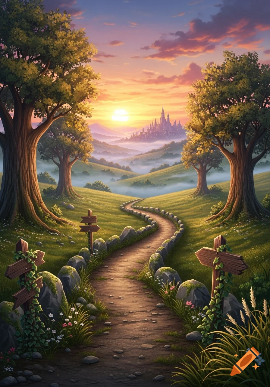 A stylized fantasy landscape at sunset, with a winding path leading through green hills towards a distant castle, flanked by large trees.