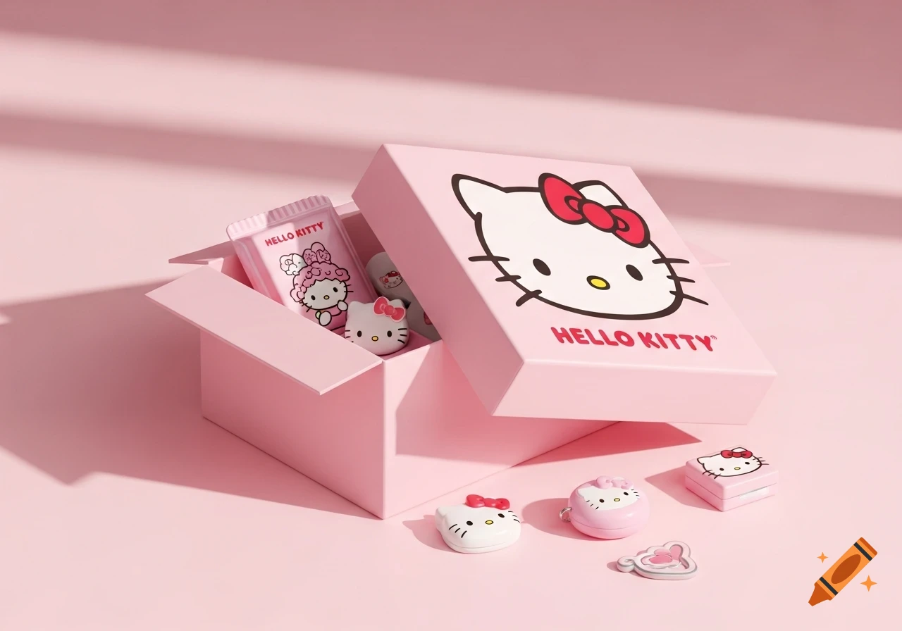 A pink Hello Kitty gift box with its lid ajar, revealing Hello Kitty themed items inside and around it, on a matching pink background.