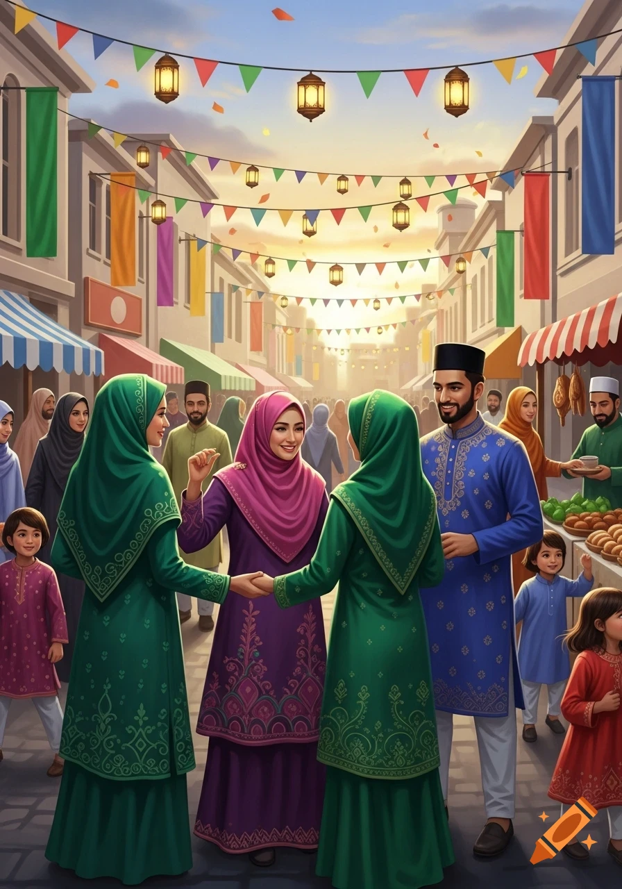 Muslim people in traditional attire celebrate at a vibrant street market with lanterns and colorful banners under a sunset sky.