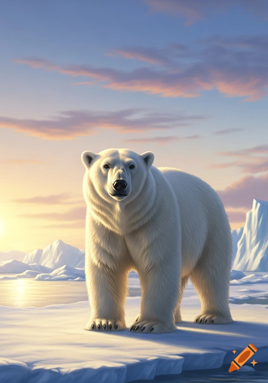A majestic polar bear stands on an icy landscape at sunset with calm water and distant icebergs.
