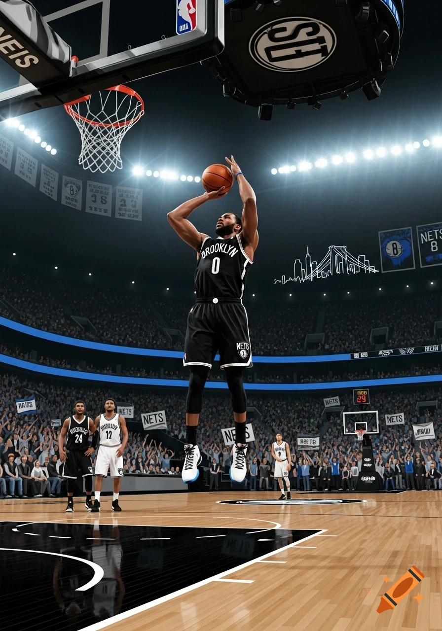 A basketball player in a black 'Brooklyn' jersey shoots a ball in a brightly lit arena with a crowd and the 'Nets' logo visible.