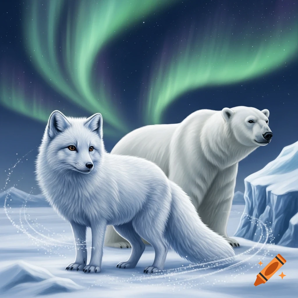 An arctic fox and a polar bear stand on a snowy plain under the green aurora borealis.